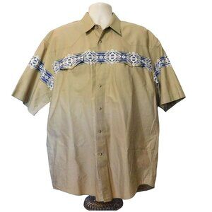 Roper Mens Western Shirt XL Tan Blue Geometric Print Short Sleeve Snaps